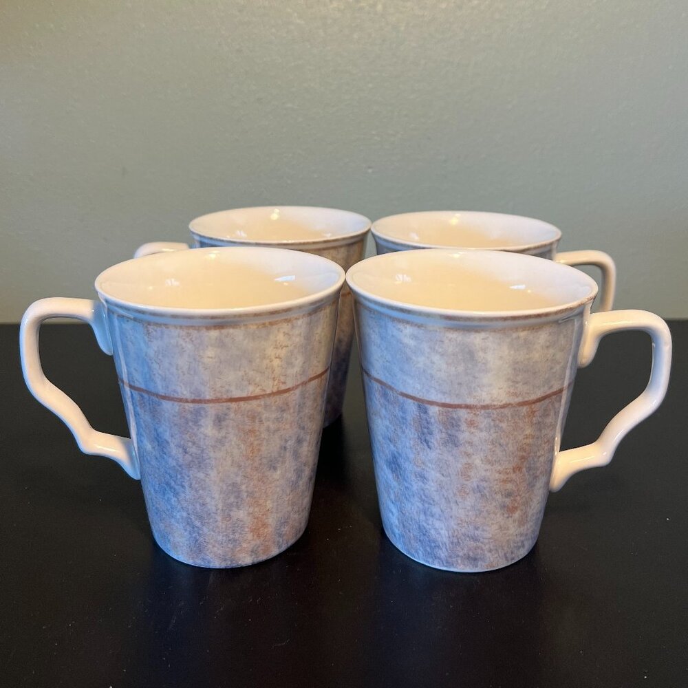 Set of 4 222 Fifth LAVENDER FIELD Porcelain Mugs Cups Purple Spongeware Chic